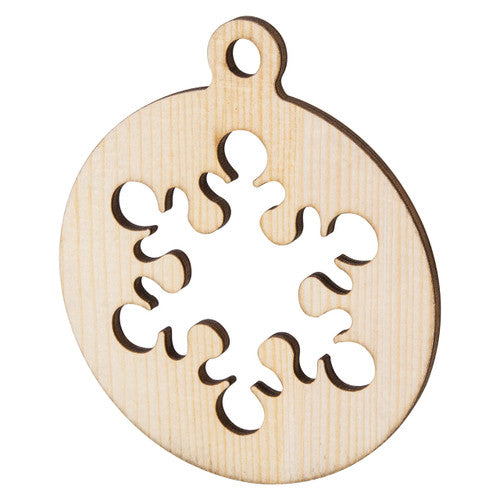 Zart Wooden Christmas Baubles Assorted Pack of 20. Close-up of unfinished wooden bauble showing pre-drilled hole and twine loop