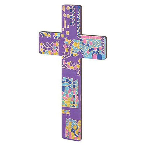 Zart wooden crosses displayed alongside paint and craft materials for decoration