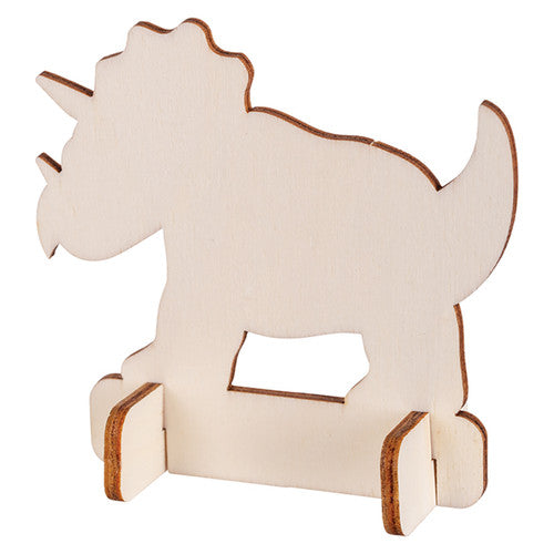 Wooden land dinosaurs assembled with stand pieces for freestanding display