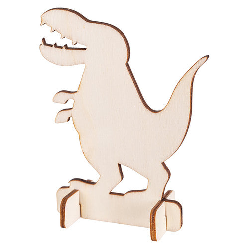 Wooden dinosaur shapes being painted with acrylic craft paint