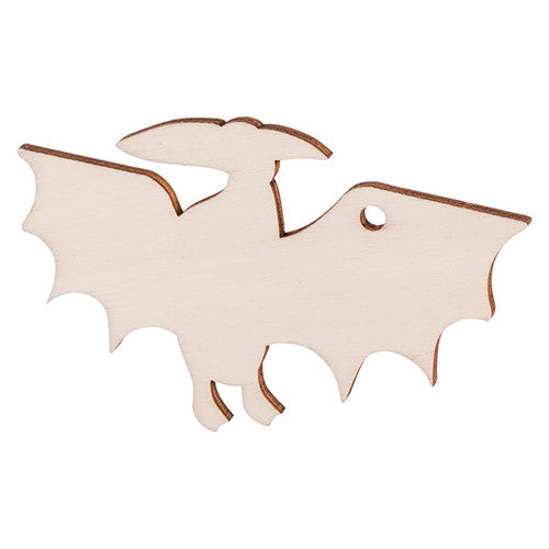 Completed decorated wooden dinosaurs displayed standing upright