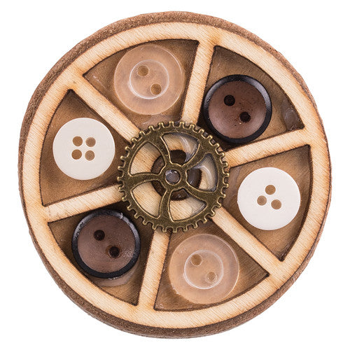 Steampunk-themed mixed media artwork incorporating wooden gear shapes