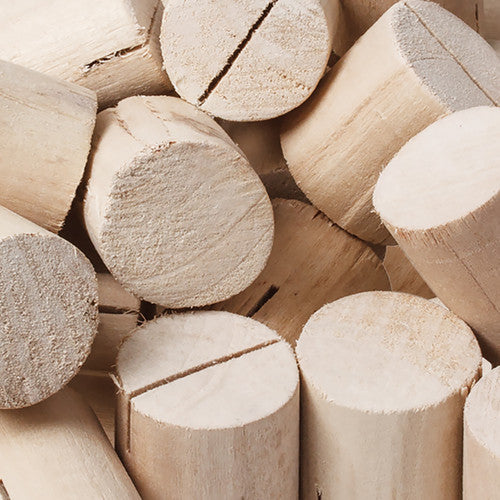 Zart wooden model stands, pack of 30, showing cylindrical natural wood design
