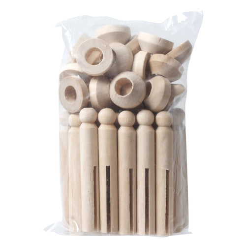 Zart Wooden Peg and Stand 9.5cm Pack of 24. Zart wooden peg and stand set, 9.5cm natural wood dolly peg with base.