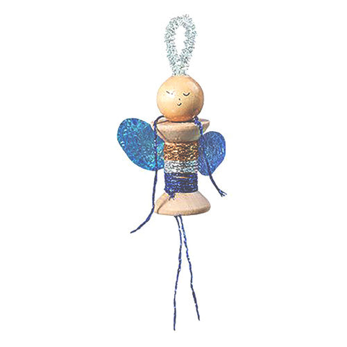 Wooden spools threaded with coloured yarn for a craft activity