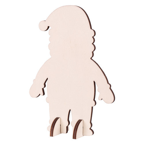 Close-up of unpainted wooden Santa shape showing body and leg pieces with standing feet