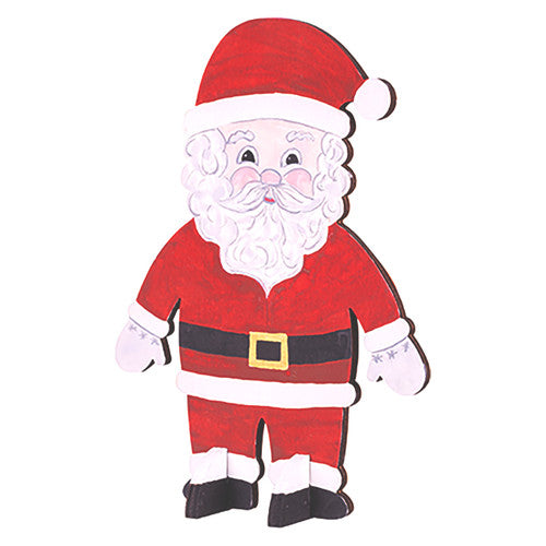 Decorated wooden Santa shapes standing upright, suitable for Christmas craft and school projects