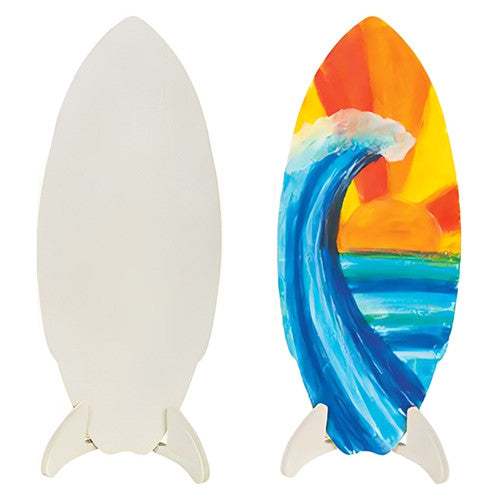 Zart 36cm wooden surfboard with two-piece stand on white background