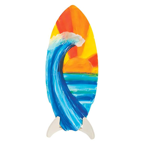 Zart wooden surfboard displayed upright on its included wooden stand