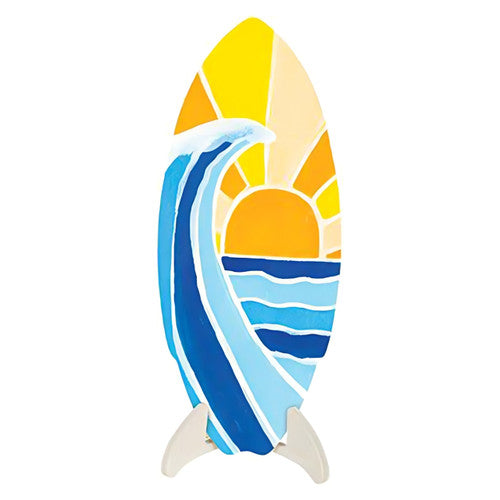 Zart wooden surfboard shown horizontally on stand with rounded edges visible