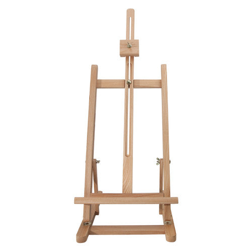 Zart pine wooden table easel with brass fittings, shown extended on a desk surface
