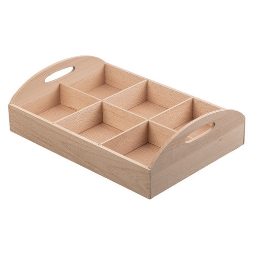 Zart wooden storage tray with six compartments and rounded handles, approximately 30.5 x 42.5cm