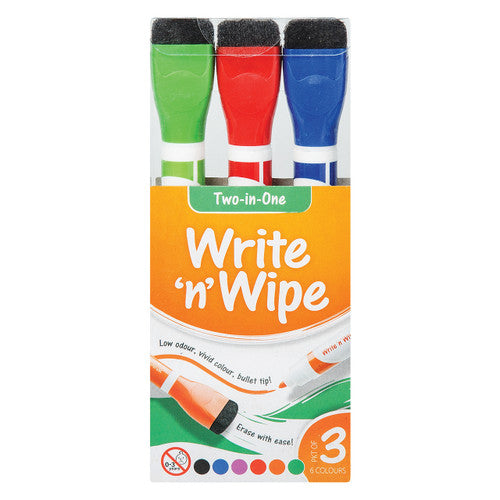 Zart Write n Wipe Whiteboard Markers Pack of 3. Zart Write n Wipe double-ended whiteboard markers pack of 3 in assorted colours.