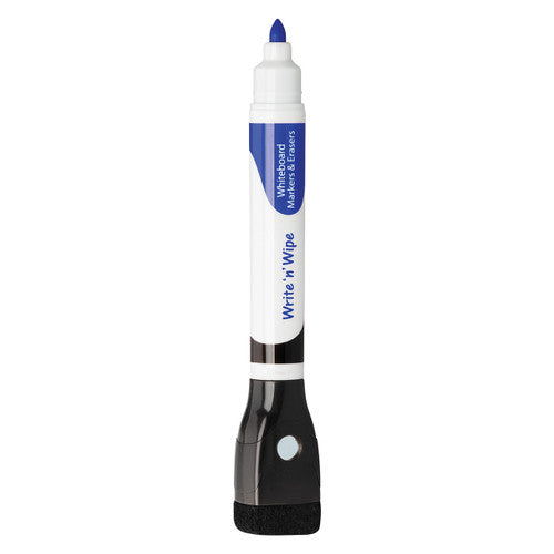 Zart Write n Wipe Whiteboard Markers Pack of 3. Zart Write n Wipe whiteboard markers attached to magnetic whiteboard via built-in magnet.
