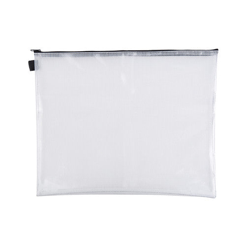 Zart zip wallet in durable plastic with reinforced zip, 28 x 35.5cm, open view showing interior storage space