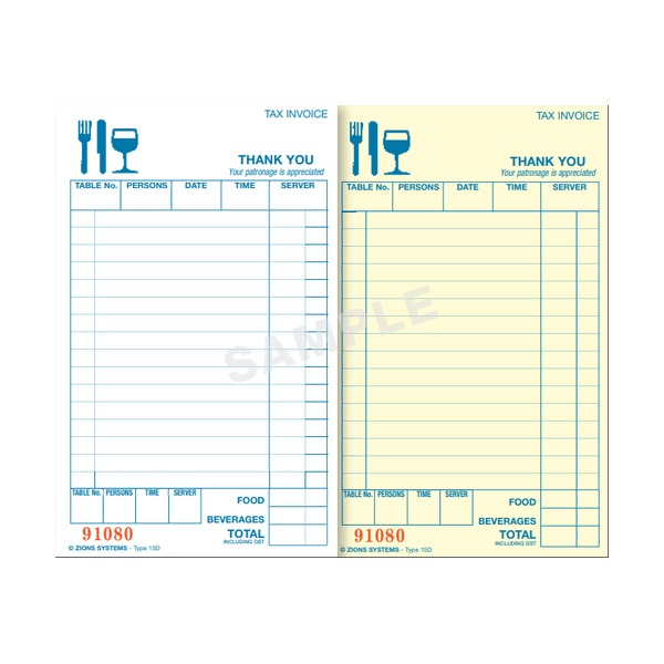 Pair of Zions 15D sample dockets marked SAMPLE, showing table, persons, date, time and server boxes, food and beverages boxes and red number 91080