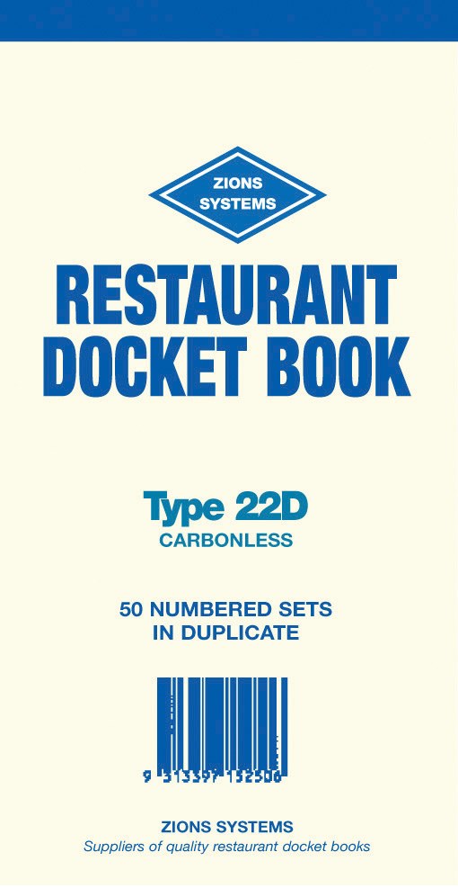 Cream Zions Type 22D restaurant docket book cover in blue print reading carbonless, 50 numbered sets in duplicate, with the Zions Systems diamond logo