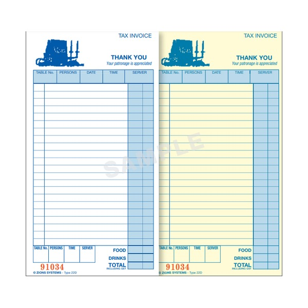 Two Zions 22D sample dockets, white and pale yellow, with a menu board graphic, table and server boxes, food and drinks boxes and red number 91034