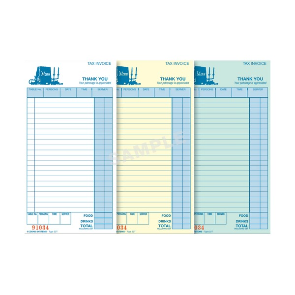 Three Zions 22T sample dockets side by side in white, pale yellow and pale green, each headed tax invoice with table and server boxes and a food and drinks total