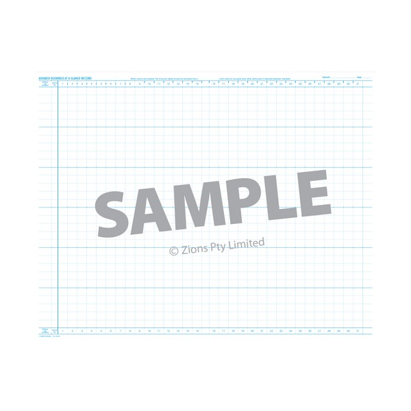 Zions ADV30 sample page spread in blue print marked SAMPLE, a grid with days 1 to 31 across the top and room lines running down the left side