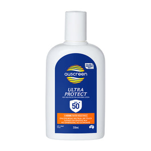 White 250ml Auscreen Ultra Protect SPF 50+ sunscreen lotion bottle with a white cap and blue label showing the orange 4 hours water resistance panel