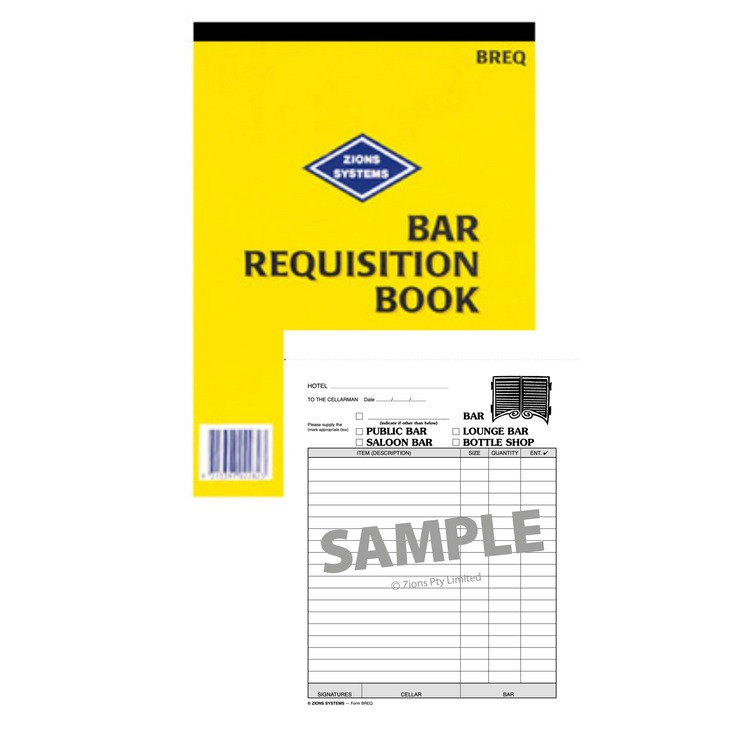 Yellow Zions Bar Requisition Book cover marked BREQ, shown with a SAMPLE requisition form listing public, saloon and lounge bar and bottle shop boxes