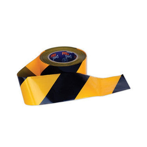 Yellow and black barricade tape roll shown unwinding, with the printed core visible, a single roll as sold on this listing