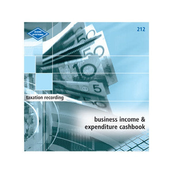 Square cover of the Zions No. 212 business income and expenditure cashbook, printed taxation recording over blue banknote artwork with the Zions Systems logo