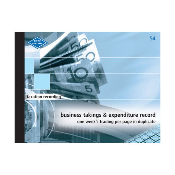 Landscape cover of the Zions No. 54 business takings and expenditure record, printed taxation recording and one week trading per page in duplicate over blue banknote artwork