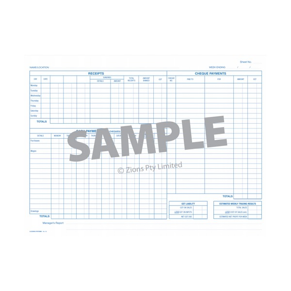 Sample page of the Zions No. 54 book with receipts by day, cheque and cash payment grids, a GST liability box and estimated weekly trading results
