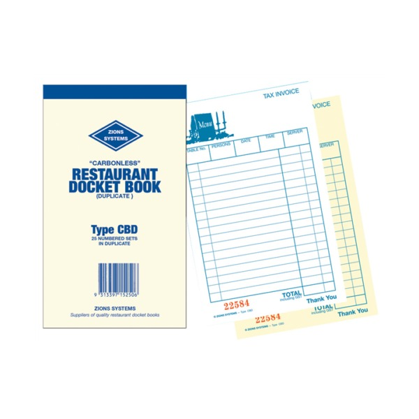 Zions Type CBD carbonless restaurant docket book cover beside a fanned white and pale yellow docket set headed tax invoice and numbered 22584
