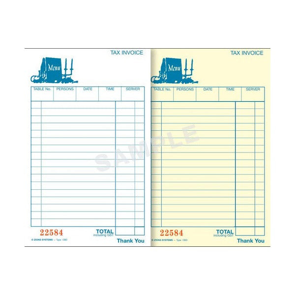 Two Zions CBD sample dockets marked SAMPLE with a menu board graphic, table, persons, date, time and server boxes, a total line and thank you