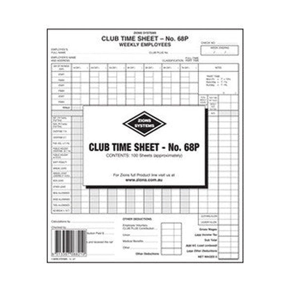 Zions Club Time Sheet No. 68P for weekly employees with a pack label reading Contents 100 Sheets approximately over the leave and allowance rows, barcode at lower left