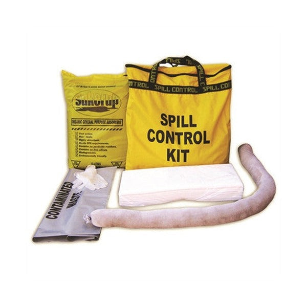 Zions ECO20 compact spill kit laid out: yellow SPILL CONTROL KIT zip top bag, yellow bag of absorbent, stack of white pads, grey boom, gloves and a CONTAMINATED WASTE bag