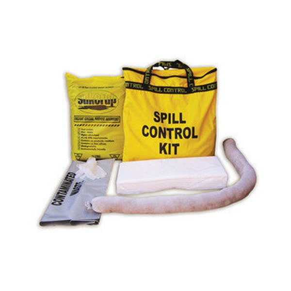 Second photo of the Zions economy spill kit contents with the yellow carry bag, absorbent bag, white pads, sock boom, disposable gloves and grey waste bag