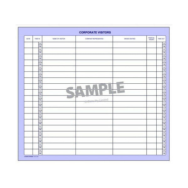 Sample page of the Zions Corporate Visitors book showing ruled lines under the column headings, with a SAMPLE watermark across the page