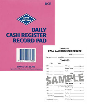 Pink cover of the Zions DCR daily cash register record pad beside a sample sheet showing a takings table, till number and location lines