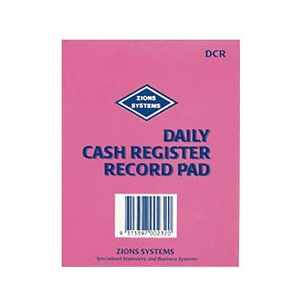 Pink Zions Systems daily cash register record pad cover marked DCR with the Zions diamond logo and a barcode
