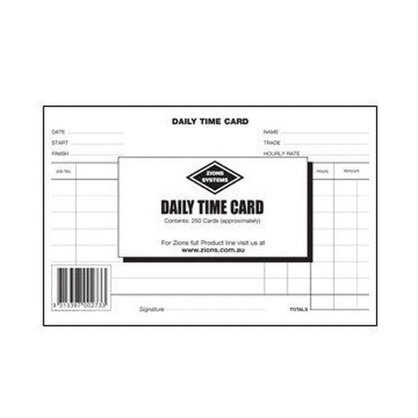 Zions Daily Time Card with a pack label reading Contents 250 Cards approximately and a barcode in the lower left corner of the card
