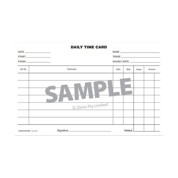 Zions Daily Time Card sample print with a grey SAMPLE watermark across the job particulars columns and a signature line at the bottom