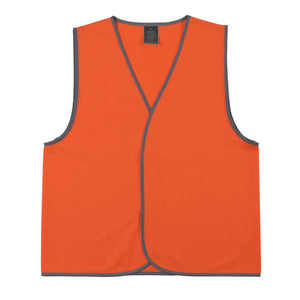 Fluoro orange sleeveless Zions vest photographed flat, grey binding round the neck, armholes and hem, fronts meeting in the centre and no tape visible