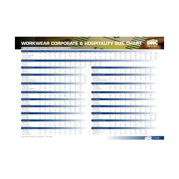 DNC Workwear Corporate and Hospitality Size Chart page made up of small measurement tables with blue header rows, too fine to read here