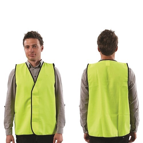Model wearing a fluoro yellow day vest with dark binding over a grey shirt, a front view beside a rear view that shows an unprinted back panel