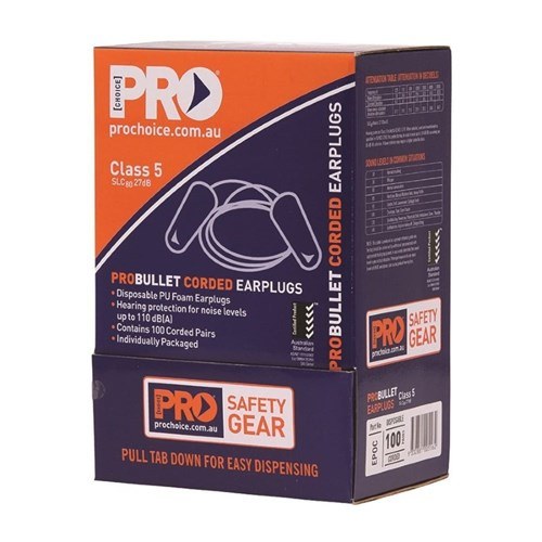 Pro Choice ProBullet corded earplugs box for Zions EPOC, navy and orange, printed Class 5 SLC80 27dB and Contains 100 Corded Pairs, with a pull down dispensing front