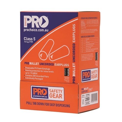 Orange Pro Choice ProBullet uncorded earplug dispenser box for Zions EPOU, printed Class 5 SLC80 27dB and Contains 200 Uncorded Pairs