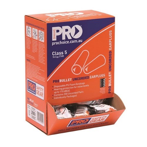 ProBullet uncorded earplug box with the dispensing front torn down to show sealed pairs inside