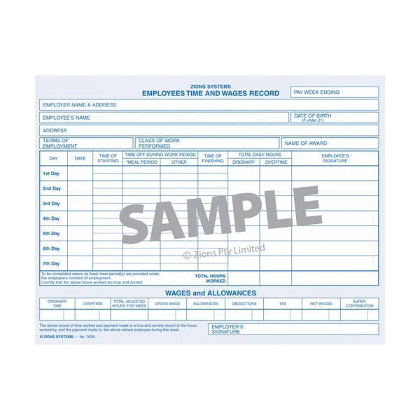 Sample page of the Zions Employees Time and Wages Record in blue print with a 7 day hours grid, a wages and allowances strip and an employer signature box