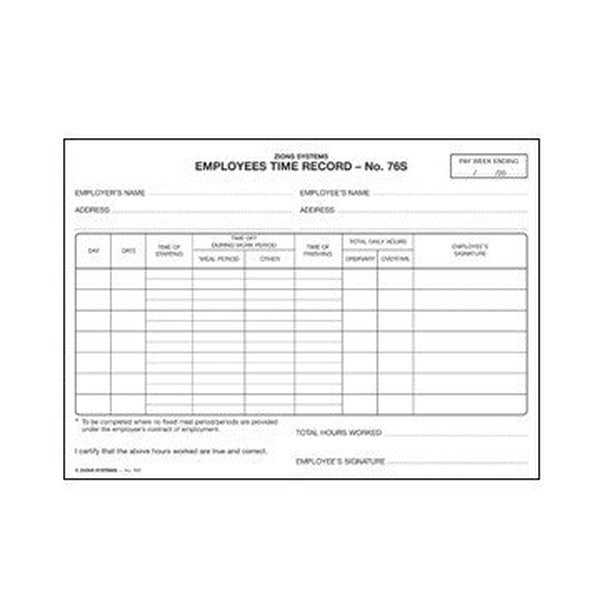 Blank Zions Employees Time Record No. 76S sheet with daily rows for start, meal period, other breaks, finish, ordinary and overtime hours and employee signature