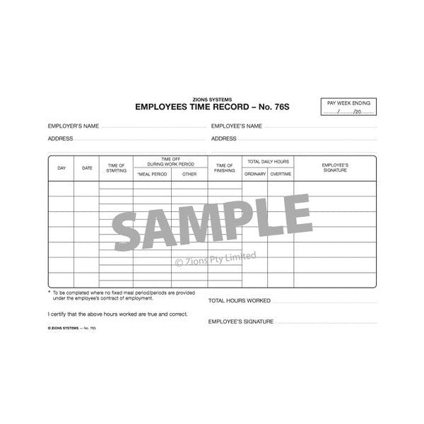 Zions Employees Time Record No. 76S sample sheet with a grey SAMPLE watermark across the daily hours grid and a signed declaration area at the bottom