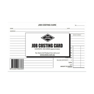Pack of Zions job costing cards with a label reading Job Costing Card, contents 250 cards approximately, a barcode and the Zions Systems diamond over the top card